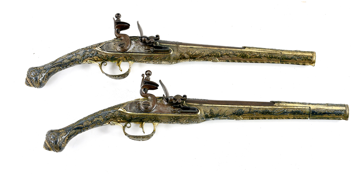 A PAIR OF ALL-METAL FLINTLOCK PISTOLS