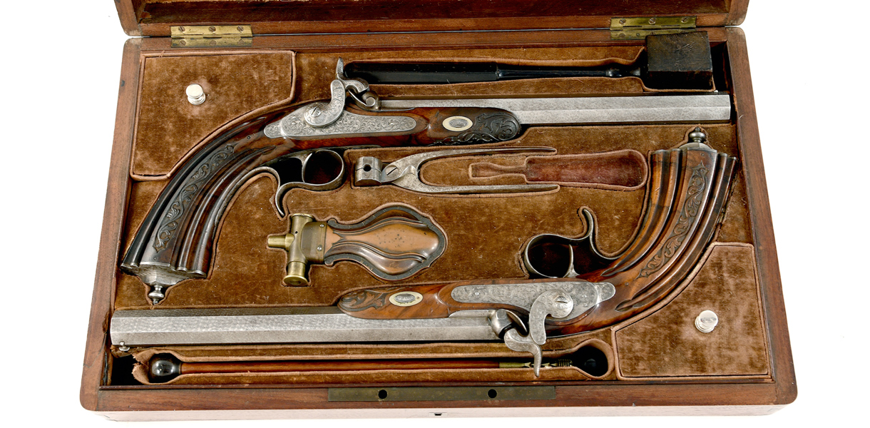 A PAIR OF CASED PERCUSSION RIFLED PISTOLS